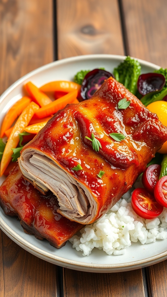 Crispy Air Fryer Pork Belly Recipe Crispy air fryer pork belly with golden skin, garnished with herbs, served with vegetables on a rustic table.